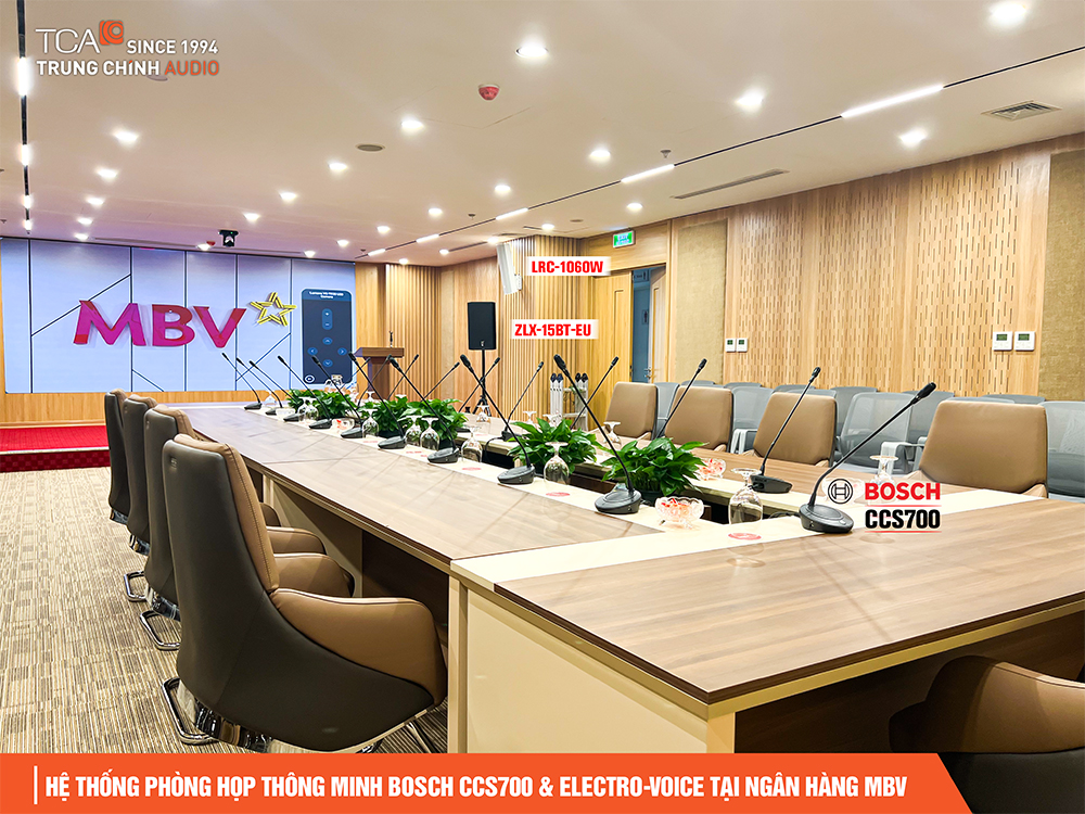 Phòng họp trực tuyến cho ngâng hàng : hệ thống hội thảo BOSCH CCS 700, camera hội nghị Lumens , Loa EV LRC